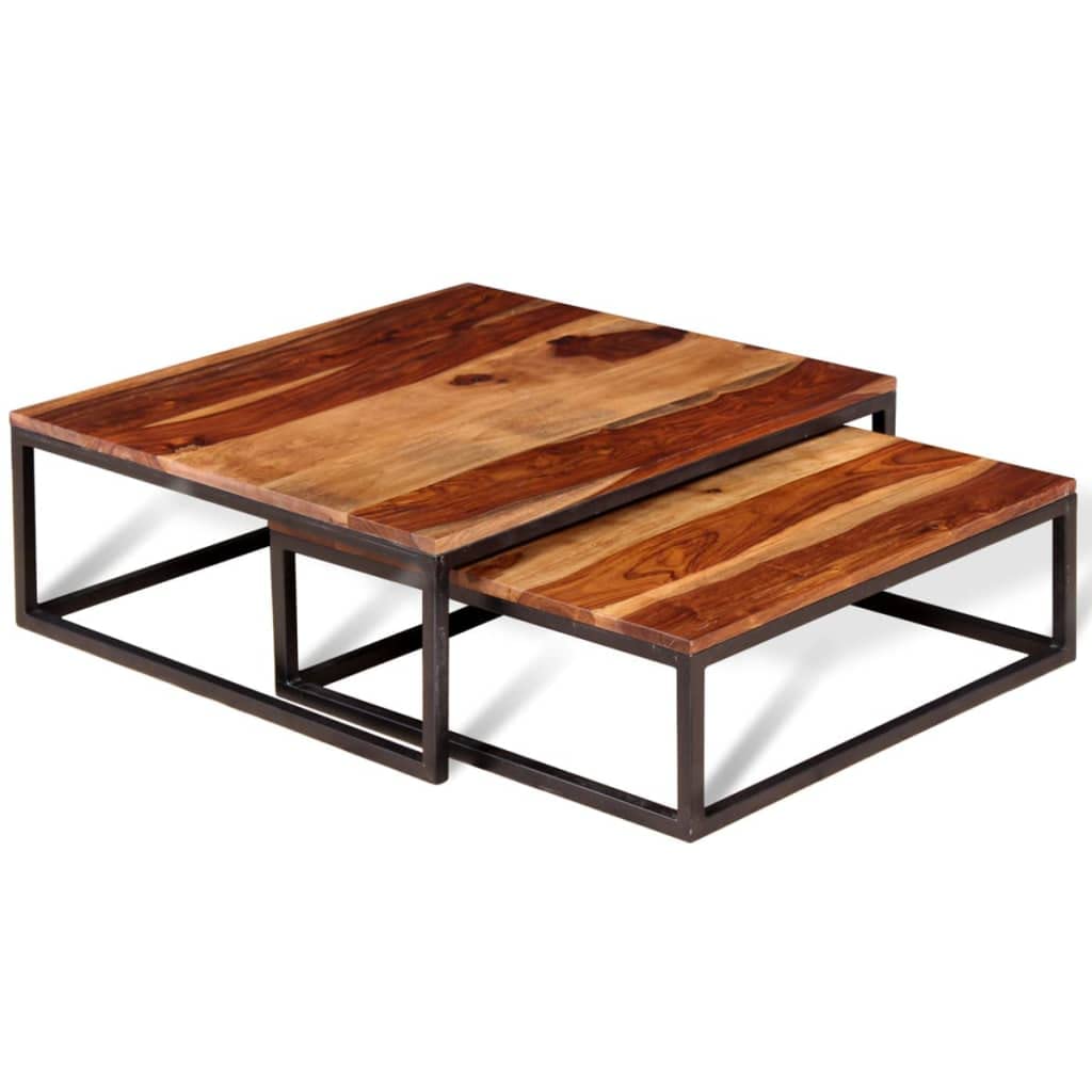 Solid Sheesham Wood Nesting Coffee Table Set with Metal Frame F797