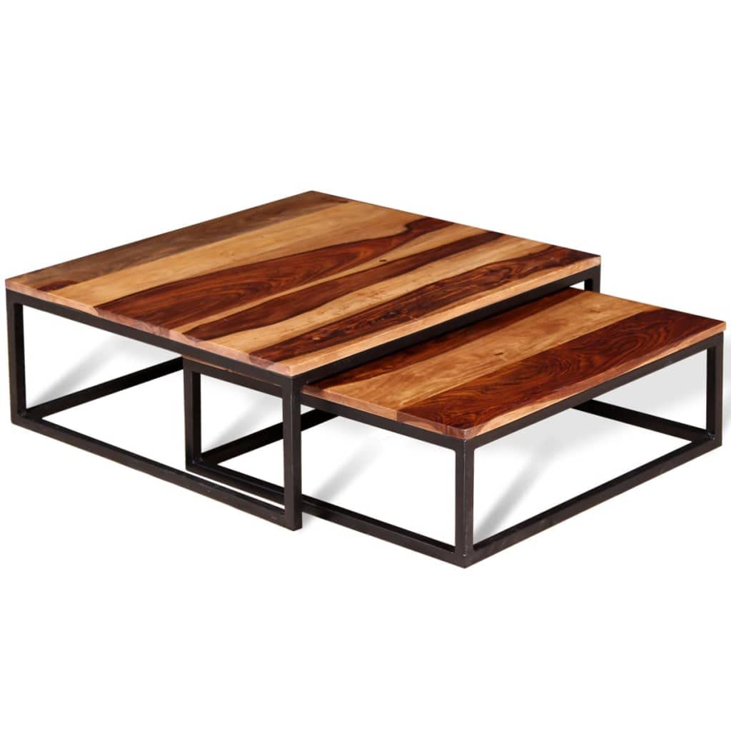 Solid Sheesham Wood Nesting Coffee Table Set with Metal Frame F797