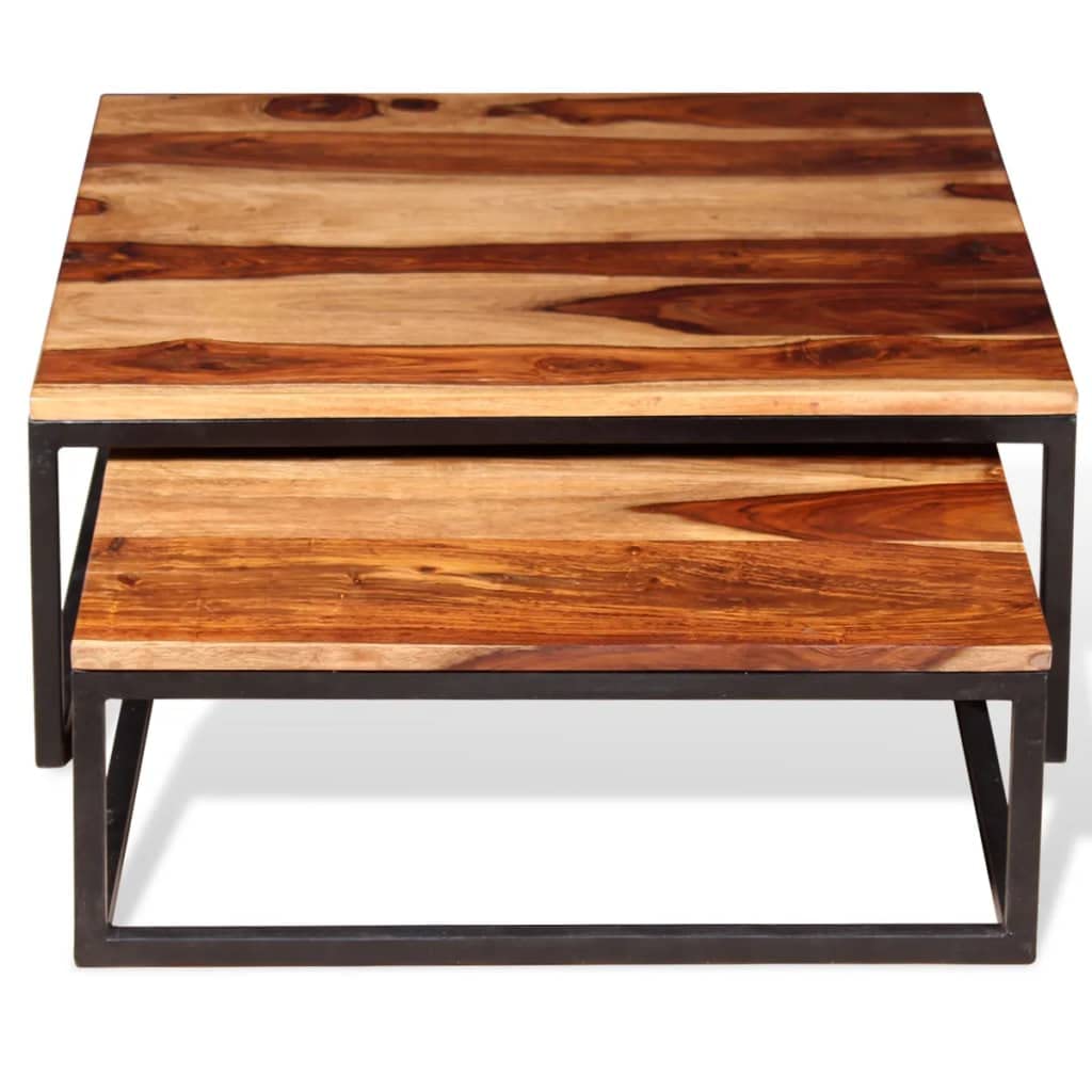 Solid Sheesham Wood Nesting Coffee Table Set with Metal Frame F797