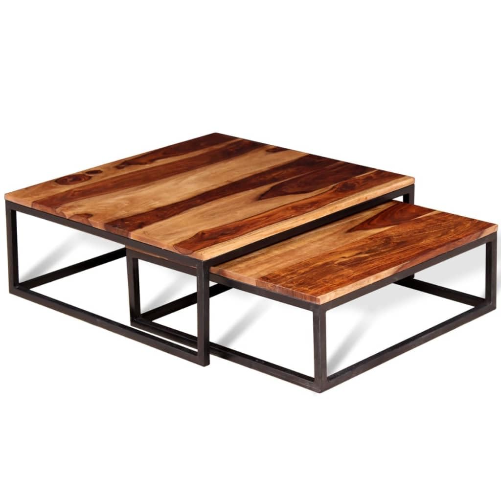 Solid Sheesham Wood Nesting Coffee Table Set with Metal Frame F797