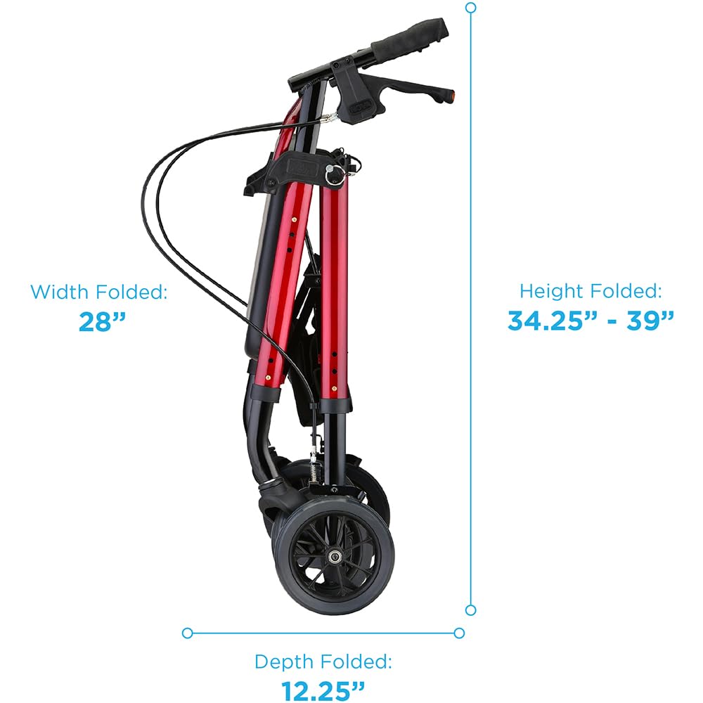 Heavy Duty Petite Rollator Walker with Padded Seat, 8" Wheels, Red Q9916