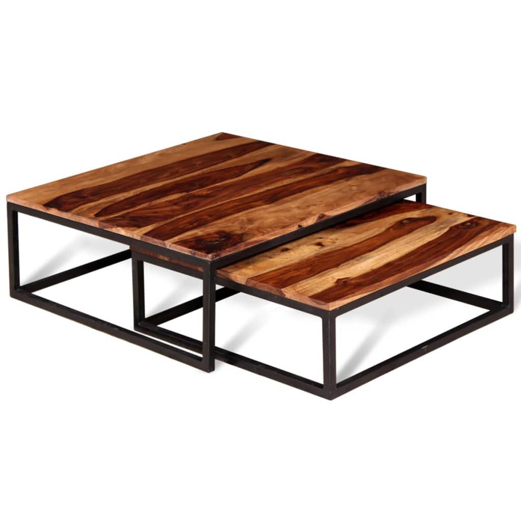 Solid Sheesham Wood Nesting Coffee Table Set with Metal Frame F797