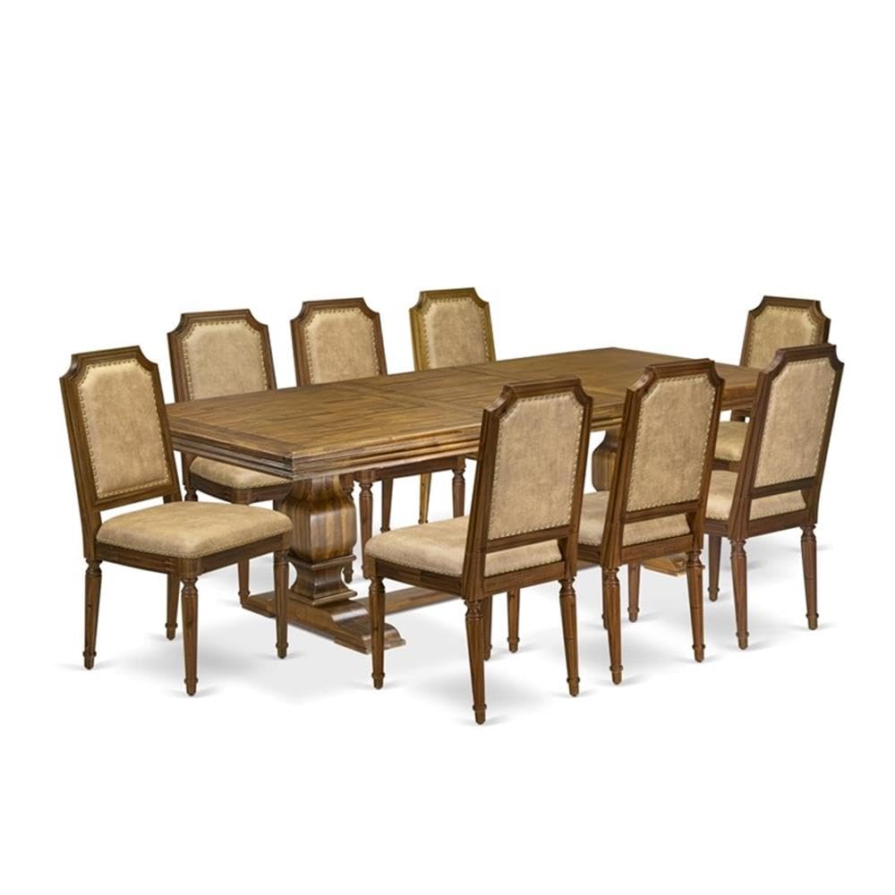 9-Piece Walnut Finish Acacia Wood Dining Room Set with Beige PU Leather Chairs X152