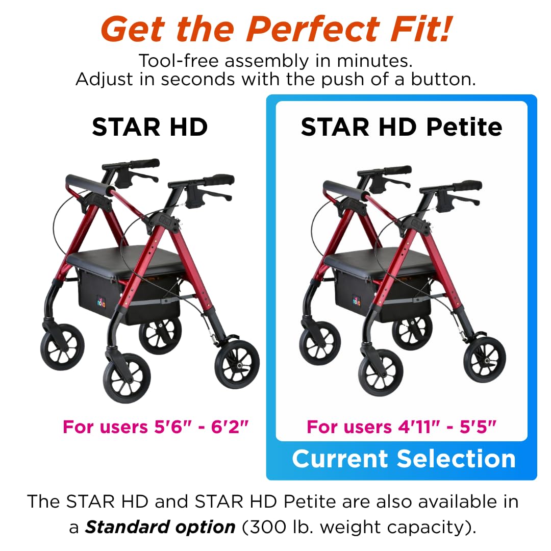 Heavy Duty Petite Rollator Walker with Padded Seat, 8" Wheels, Red Q9916