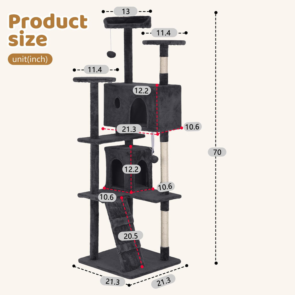 70 Inch Dark Gray Multi-Level Cat Tree with Condo A882