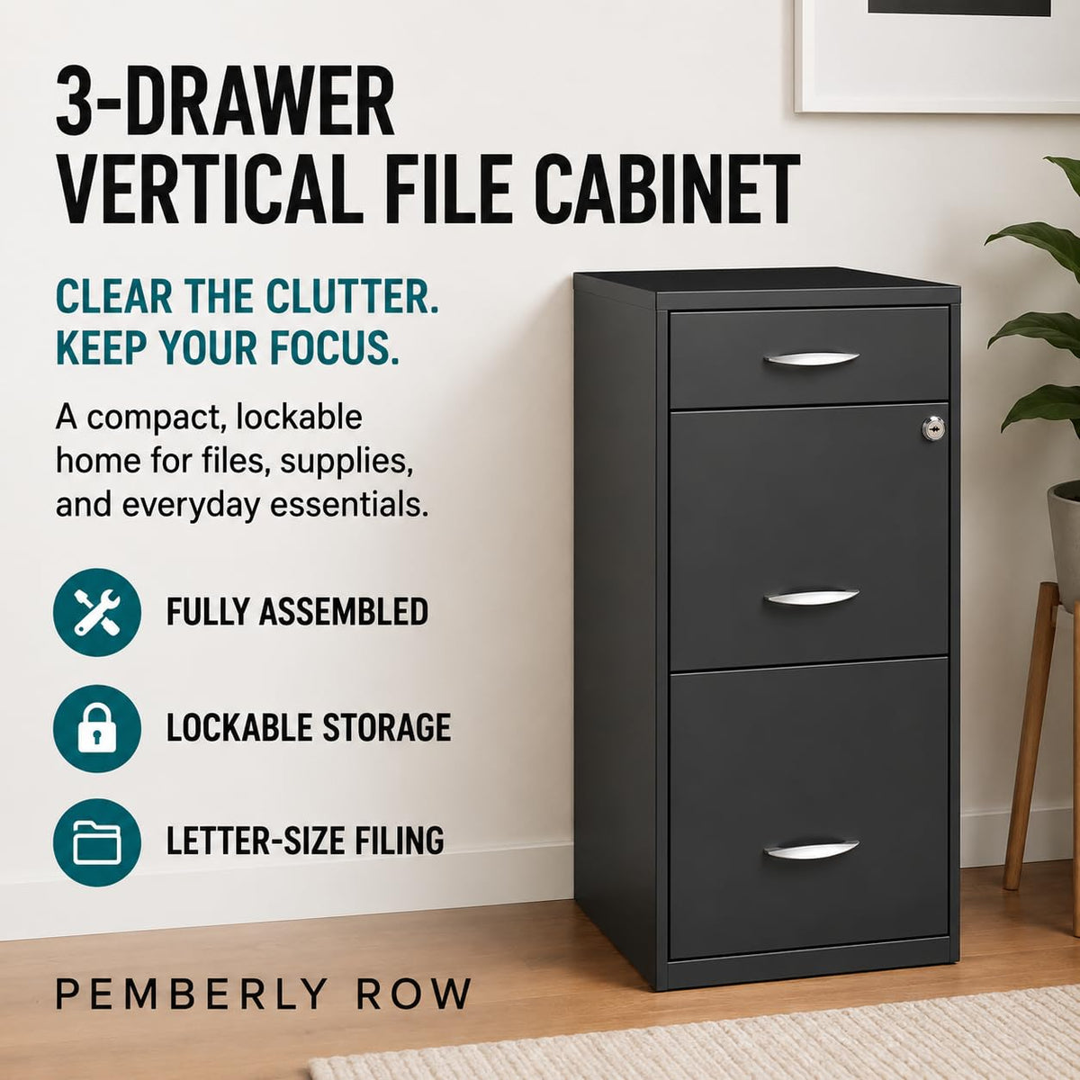 Charcoal Metal 3 Drawer Vertical Filing Cabinet B34912