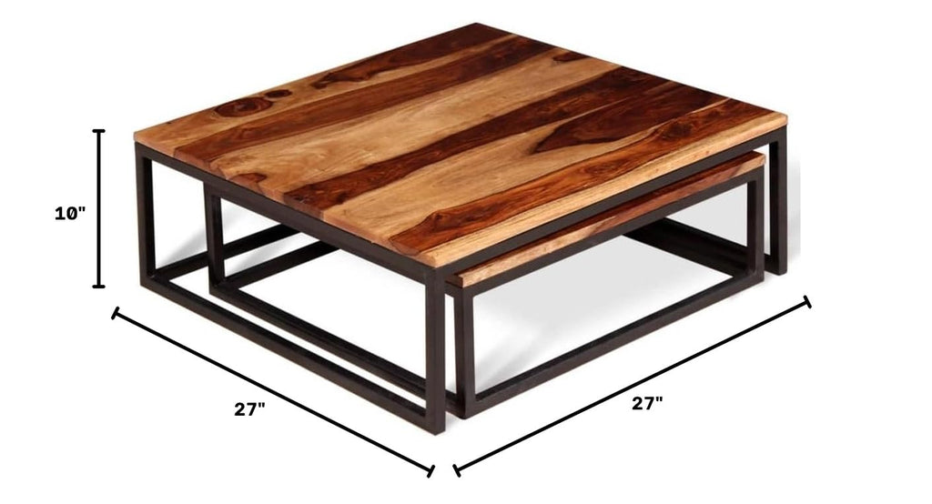 Solid Sheesham Wood Nesting Coffee Table Set with Metal Frame F797