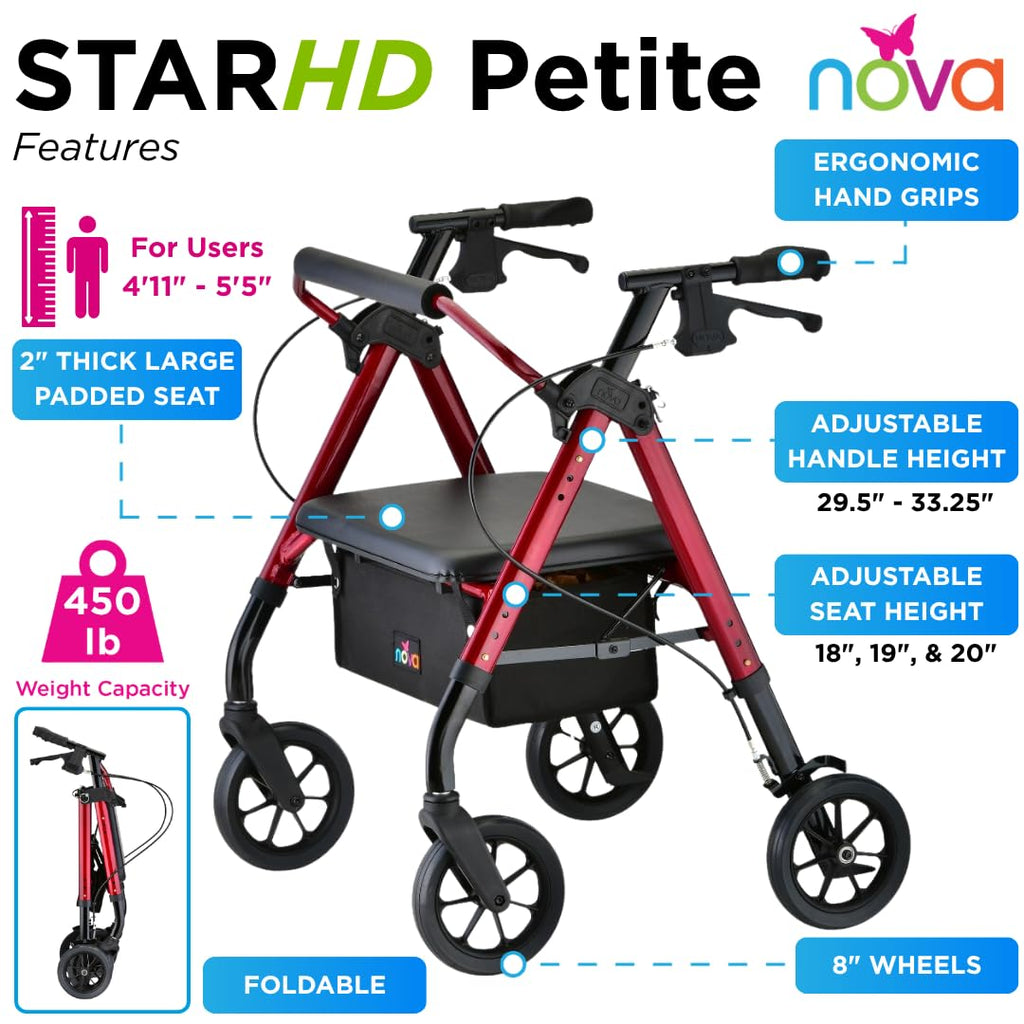 Heavy Duty Petite Rollator Walker with Padded Seat, 8" Wheels, Red Q9916