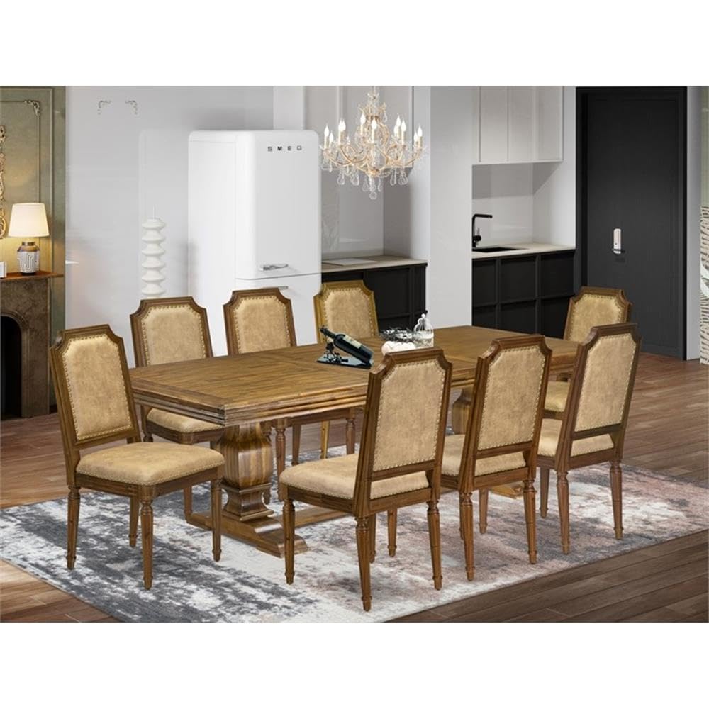 9-Piece Walnut Finish Acacia Wood Dining Room Set with Beige PU Leather Chairs X152