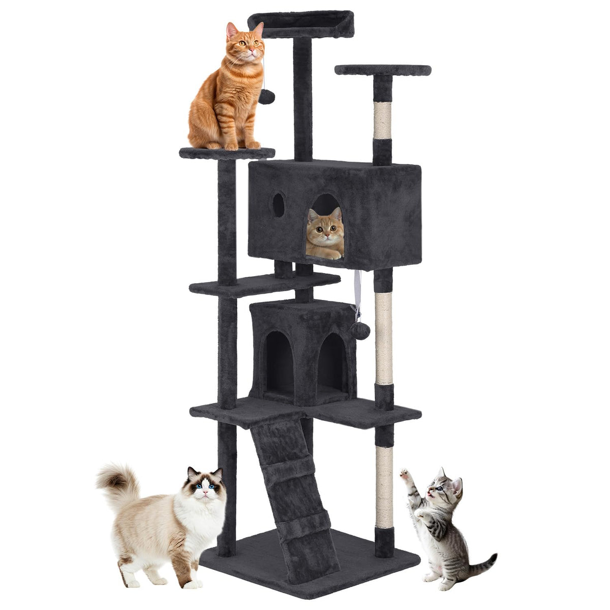 70 Inch Dark Gray Multi-Level Cat Tree with Condo A882