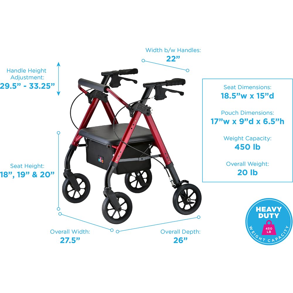 Heavy Duty Petite Rollator Walker with Padded Seat, 8" Wheels, Red Q9916