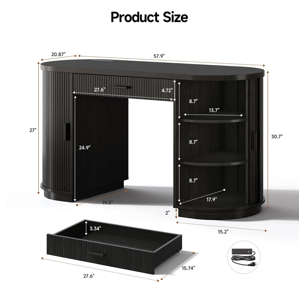58" Fluted Executive Desk with Storage Drawer, Black E993570