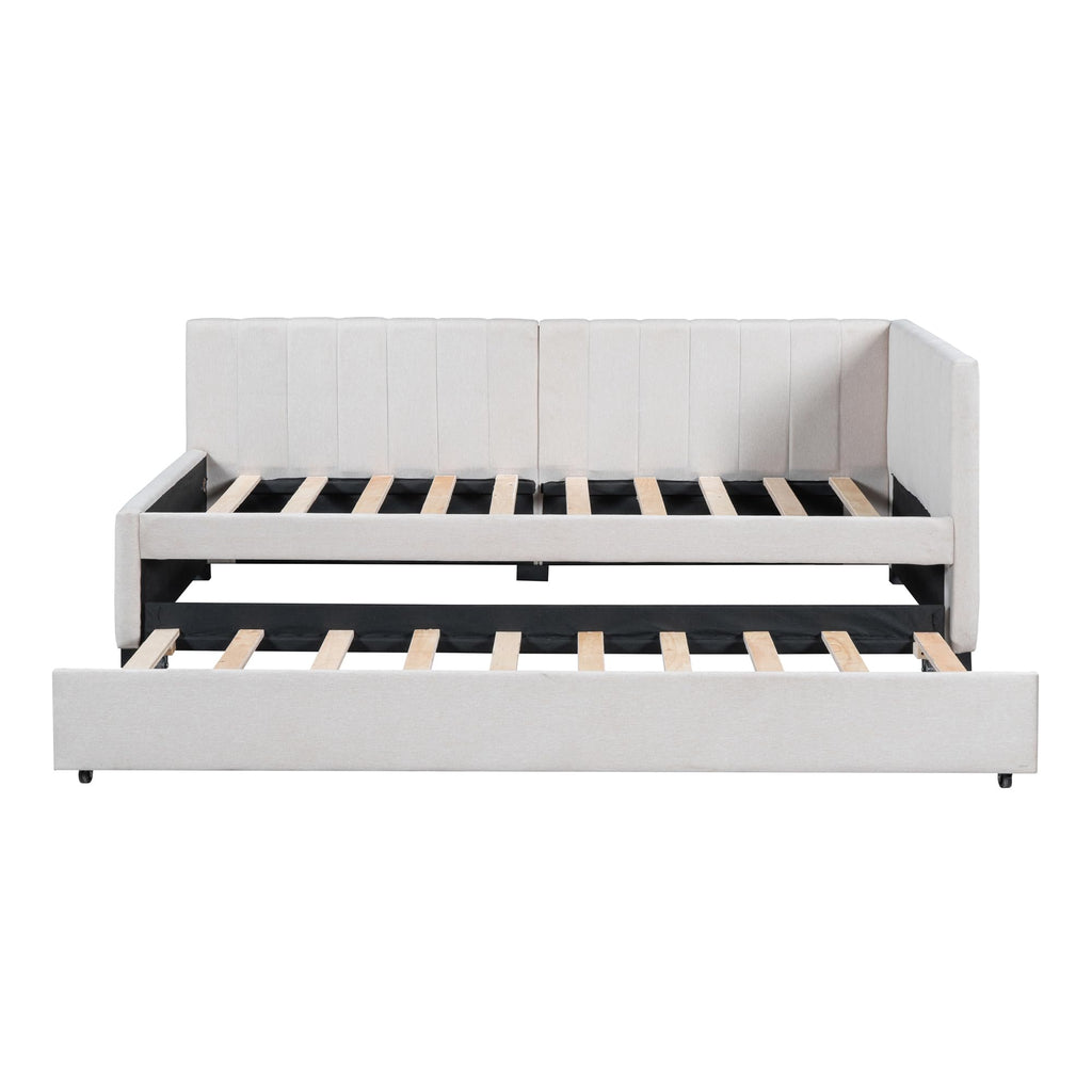 Beige Linen Twin Daybed with Pull-Out Trundle O3335