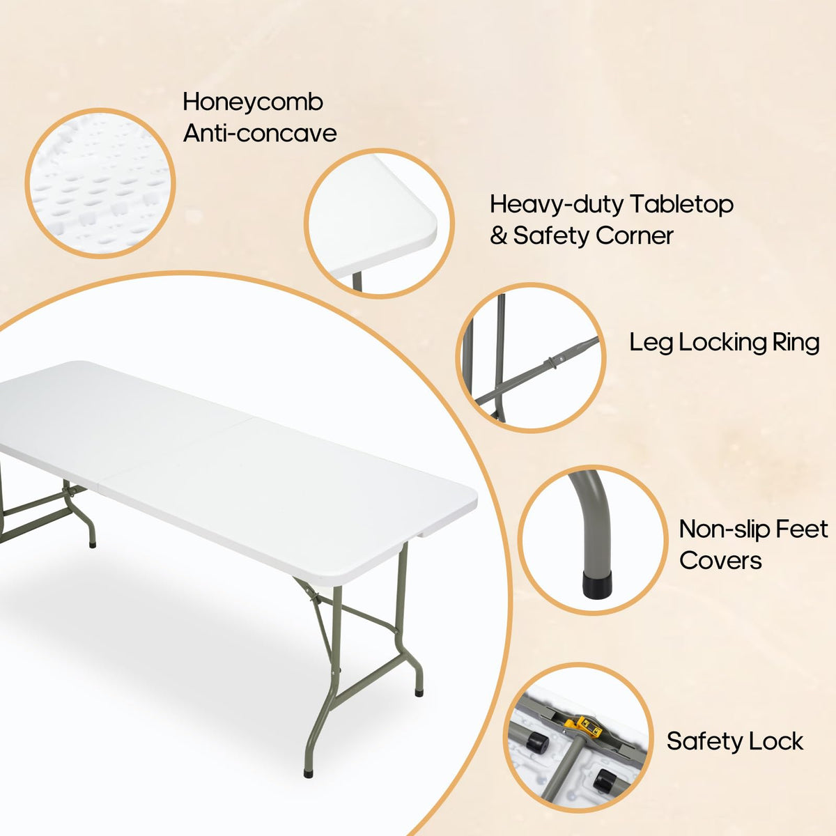 Folding Table 6ft Heavy-Duty 500lbs HDPE Steel White V49262