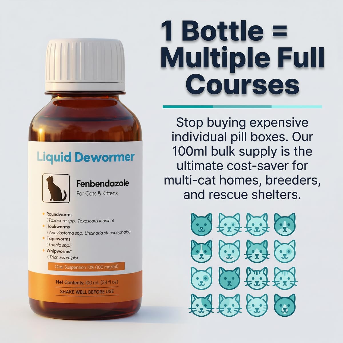 Liquid Fenbendazole Dewormer for Cats & Kittens 100ml A527