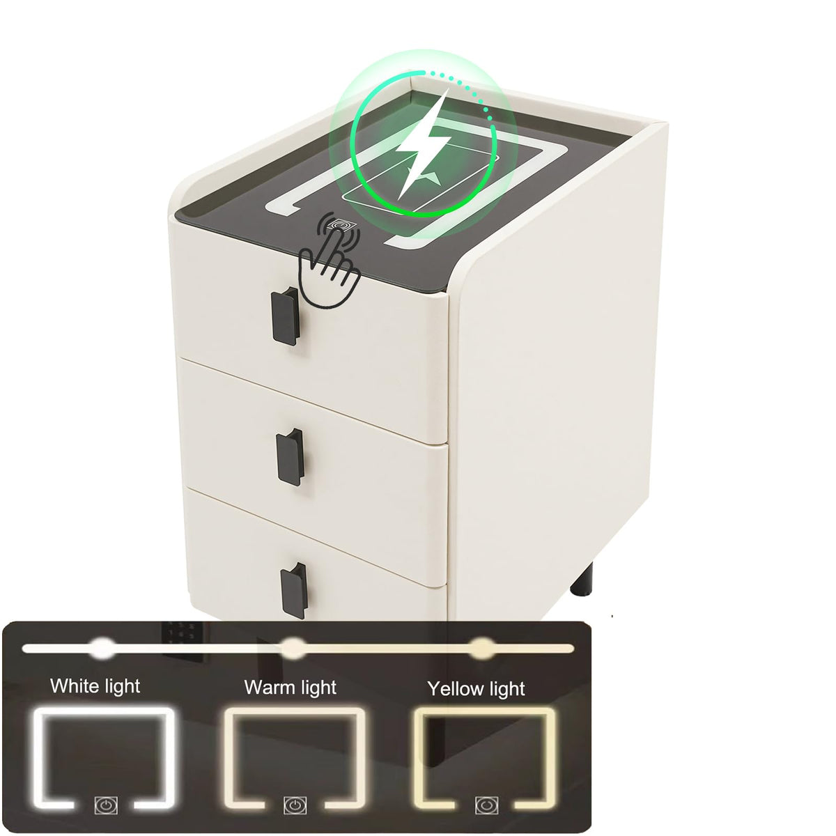 White Smart Nightstand with Wireless Charging Station & Adjustable LED Lights, 3 Drawers A719