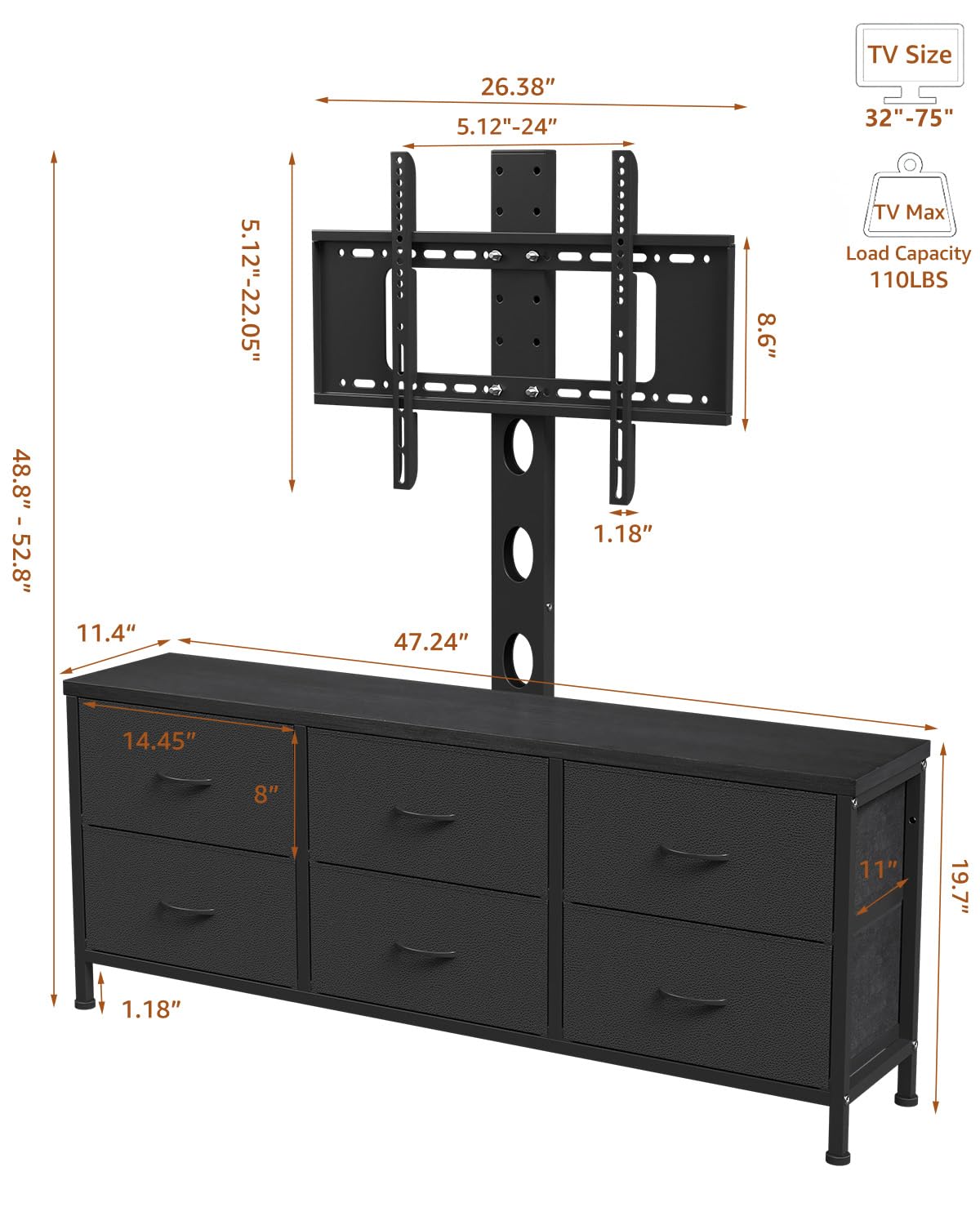 Black 6 Drawer TV Stand with Mount F896