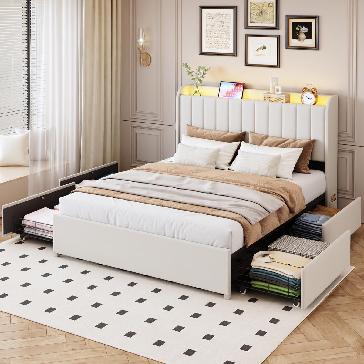 Beige Upholstered Full Size Bed Frame with 4 Drawers and Storage Headboard V286689