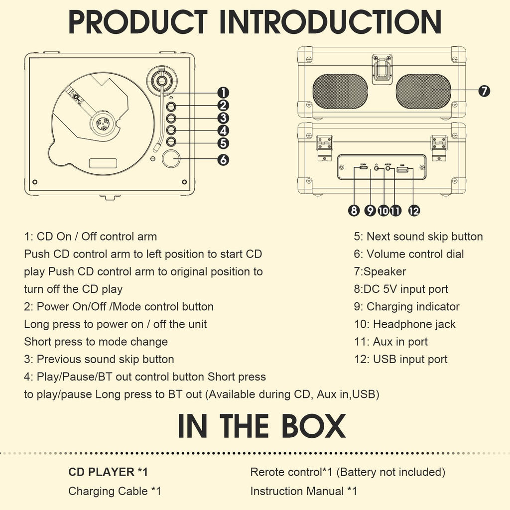 Black Portable CD Player with Speakers, Bluetooth, Remote Control, USB Playback U85741