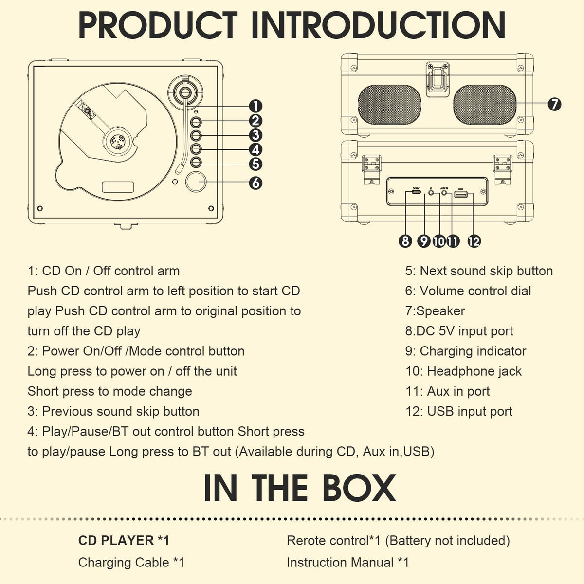 Black Portable CD Player with Speakers, Bluetooth, Remote Control, USB Playback U85741