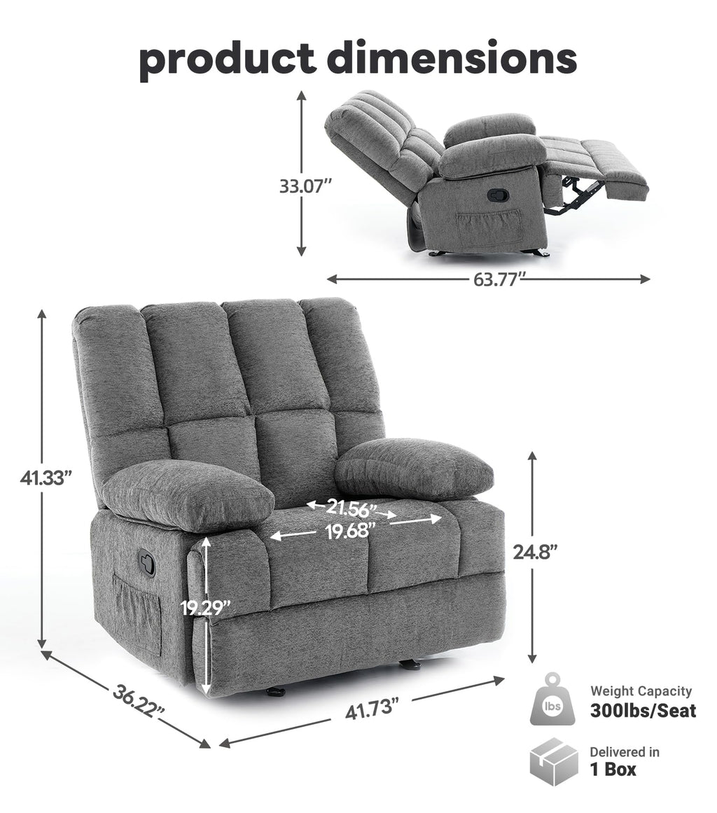 41" Oversized Chenille Rocker Recliner Chair Grey 350 LBS Capacity Q185188