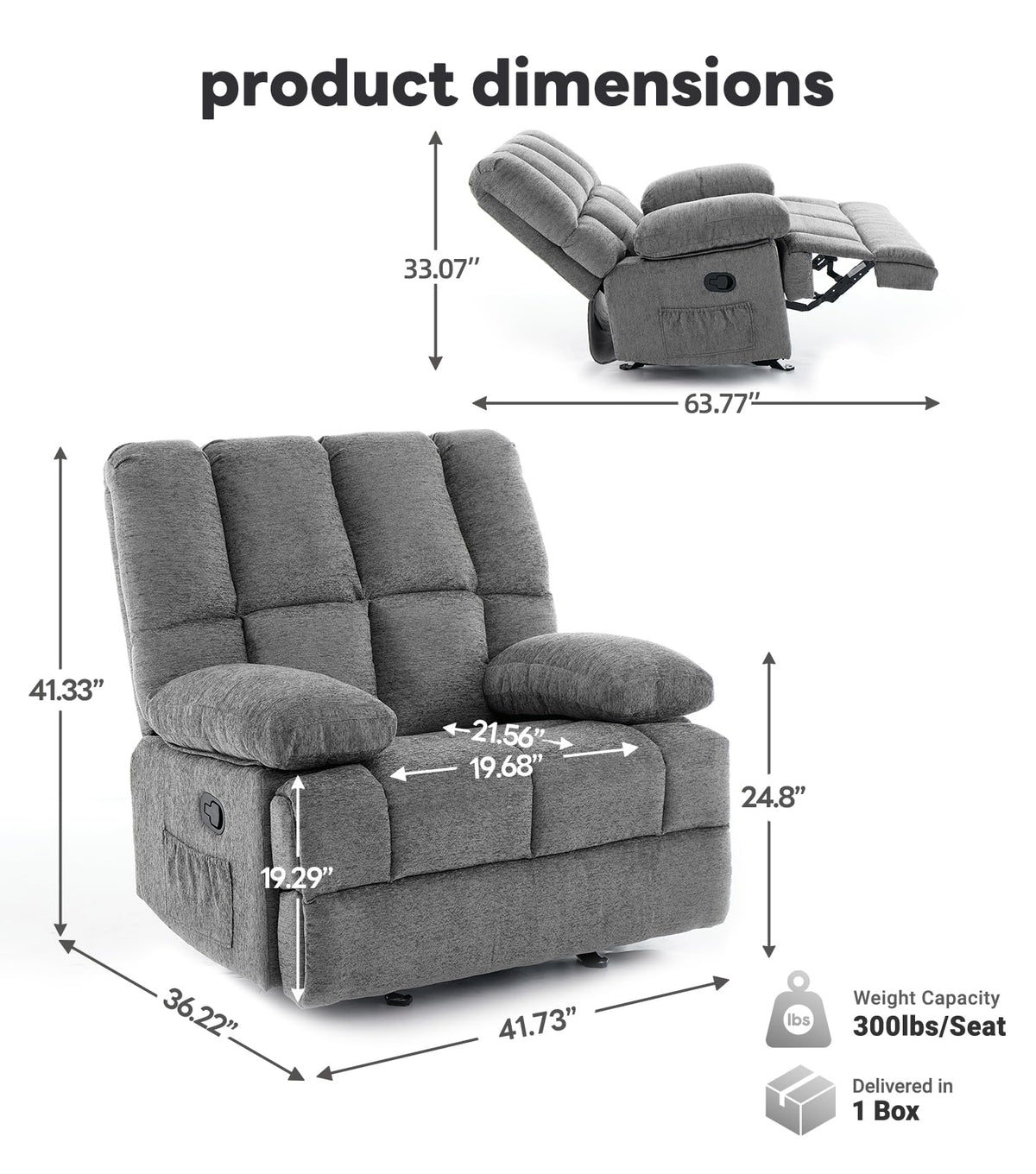 41" Oversized Chenille Rocker Recliner Chair Grey 350 LBS Capacity Q185188