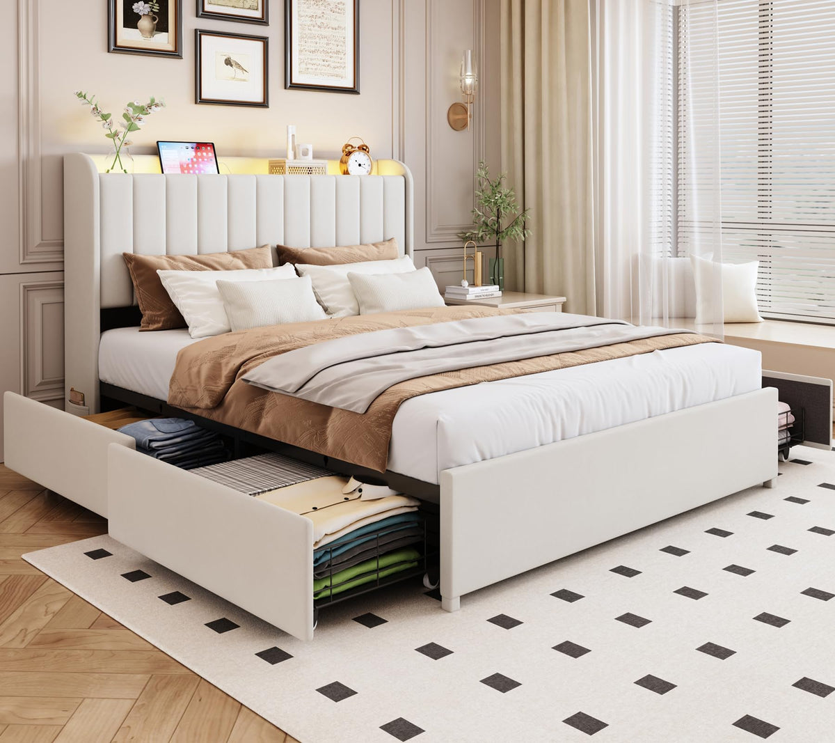 Beige Upholstered Full Size Bed Frame with 4 Drawers and Storage Headboard V286689