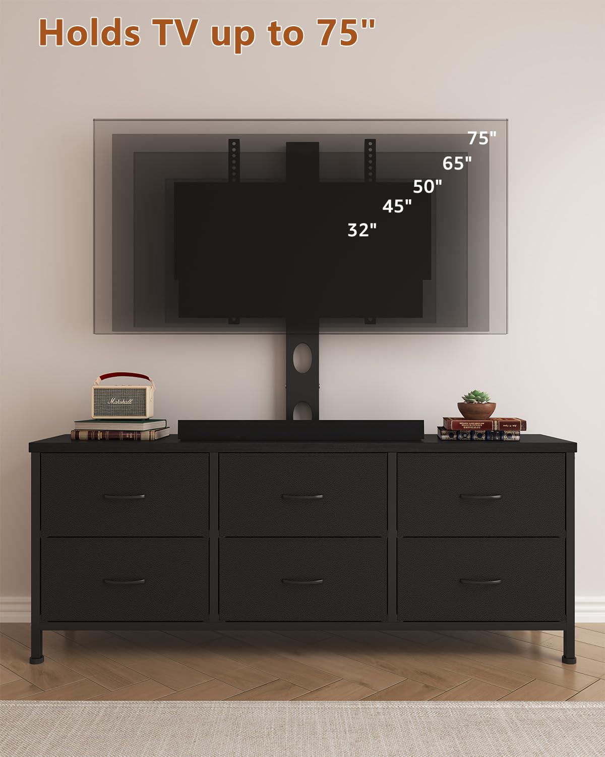 Black 6 Drawer TV Stand with Mount F896
