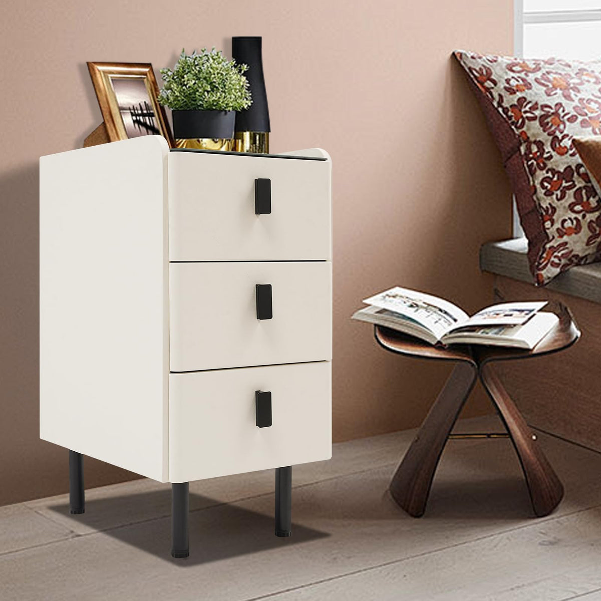 White Smart Nightstand with Wireless Charging Station & Adjustable LED Lights, 3 Drawers A719