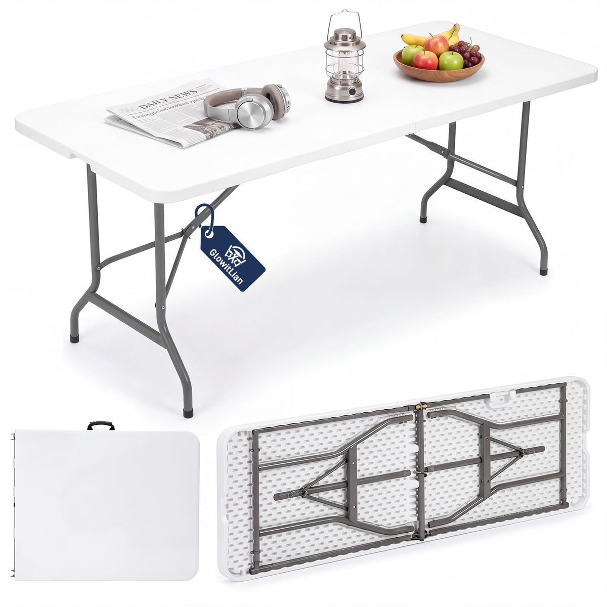 Folding Table 6ft Heavy-Duty 500lbs HDPE Steel White V49262