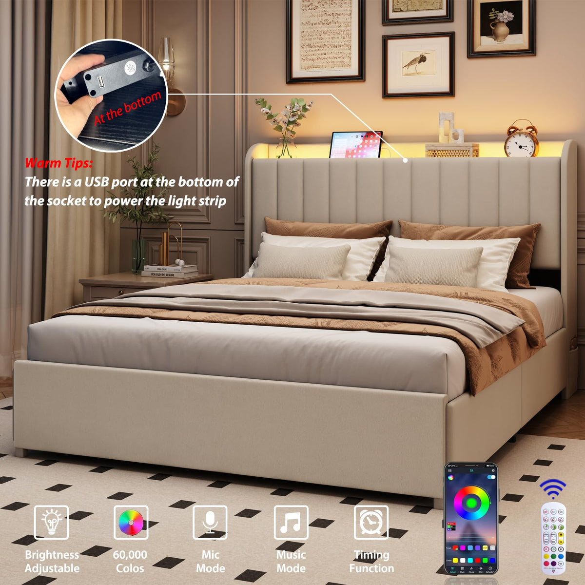 Beige Upholstered Full Size Bed Frame with 4 Drawers and Storage Headboard V286689