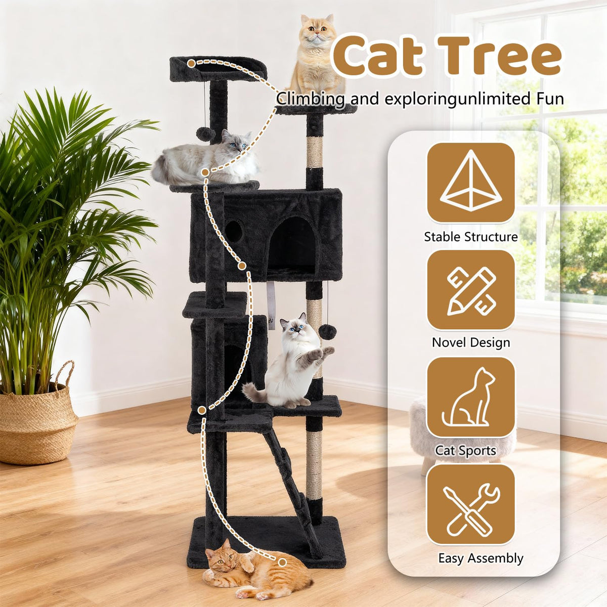 70 Inch Dark Gray Multi-Level Cat Tree with Condo A882