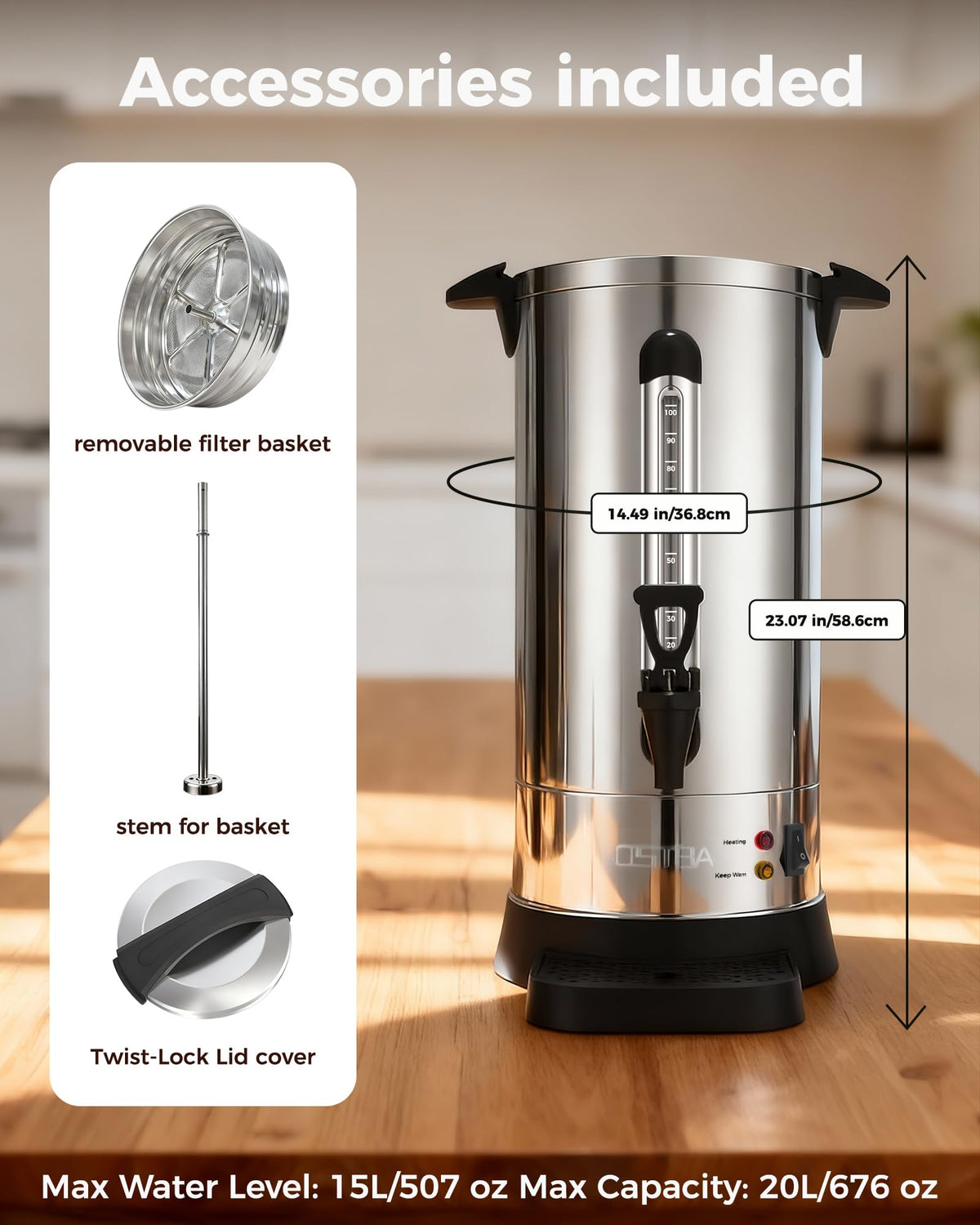 100-Cup Commercial Coffee Urn 15L Stainless Steel Percolator P4690