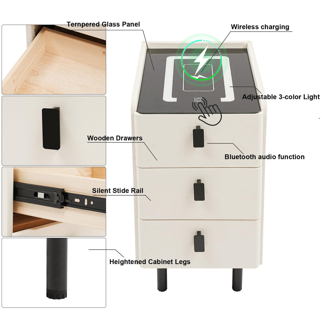 White Smart Nightstand with Wireless Charging Station & Adjustable LED Lights, 3 Drawers A719