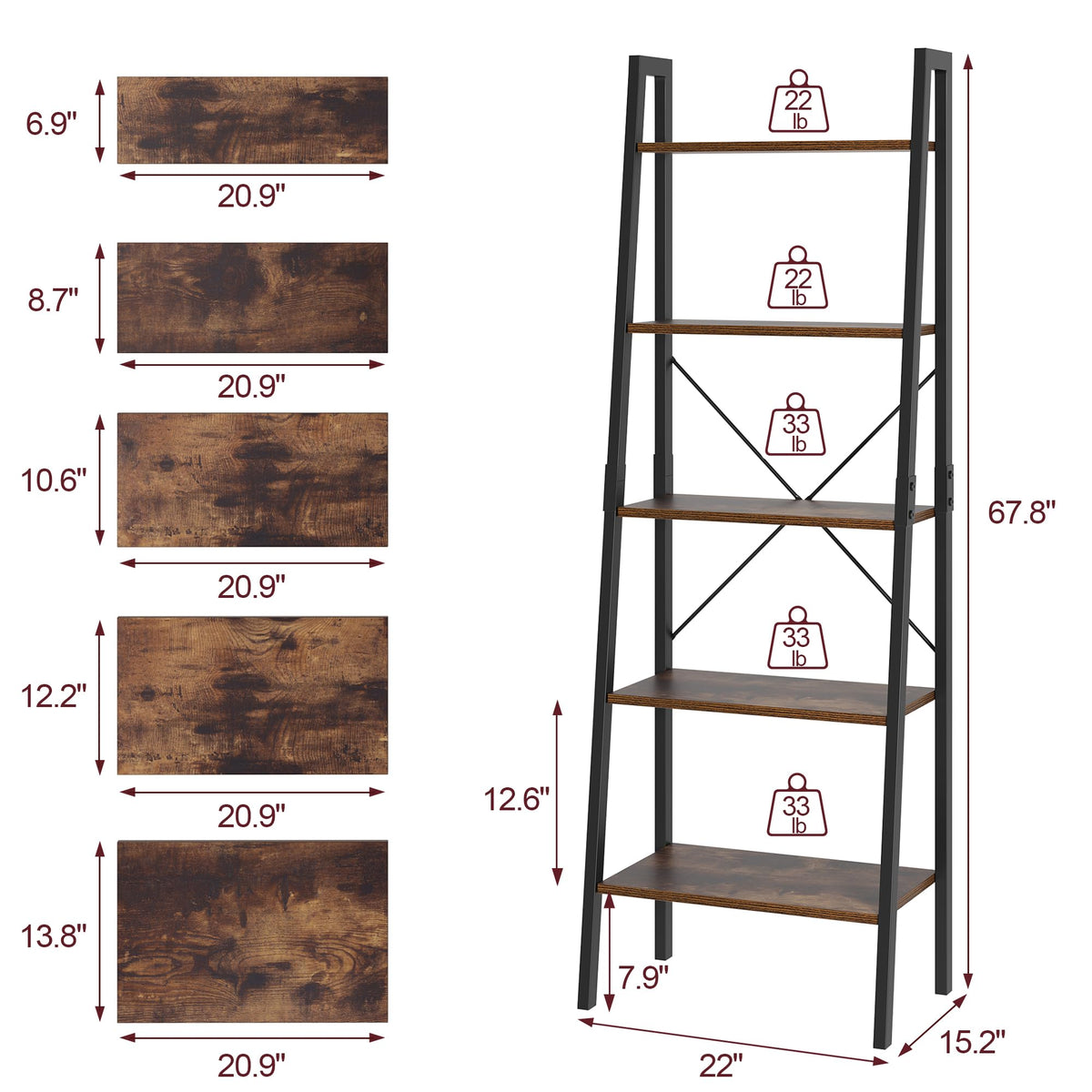 5-Tier Ladder Bookshelf with Metal Frame R16668