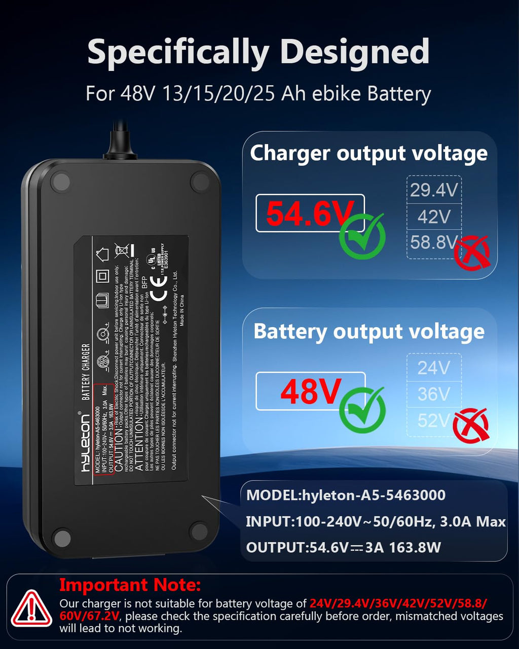 54.6V 3A ebike Charger for 48V Lithium Batteries J24005