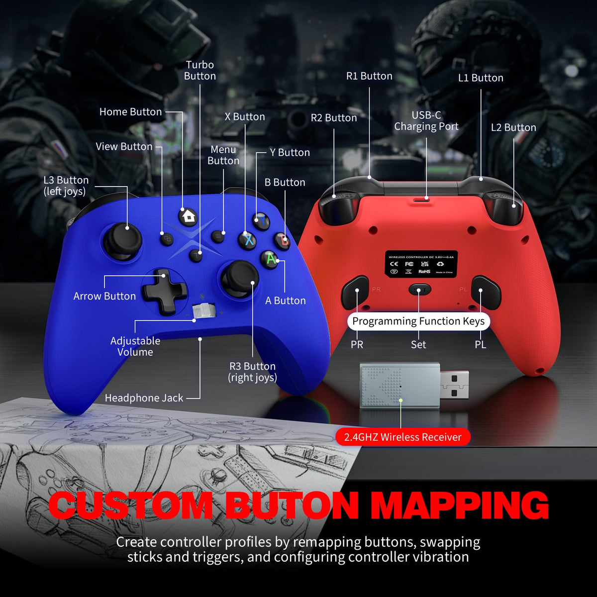 2 Pack Wireless Controller with Turbo Macro Hall Trigger Dual Vibration 3.5mm Audio Jack Built-in Battery 2.4GHz Adapter A7338
