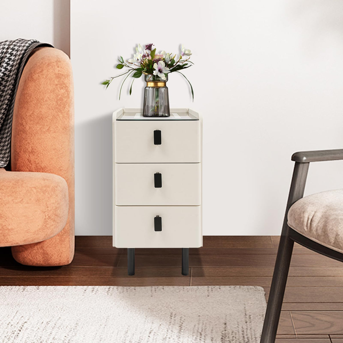 White Smart Nightstand with Wireless Charging Station & Adjustable LED Lights, 3 Drawers A719
