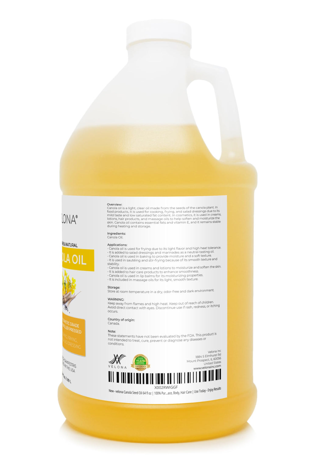 Canola Seed Oil 64 fl oz Expeller Pressed V29378