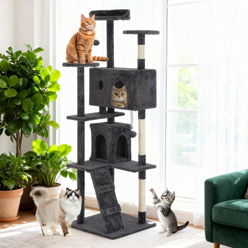 70 Inch Dark Gray Multi-Level Cat Tree with Condo A882