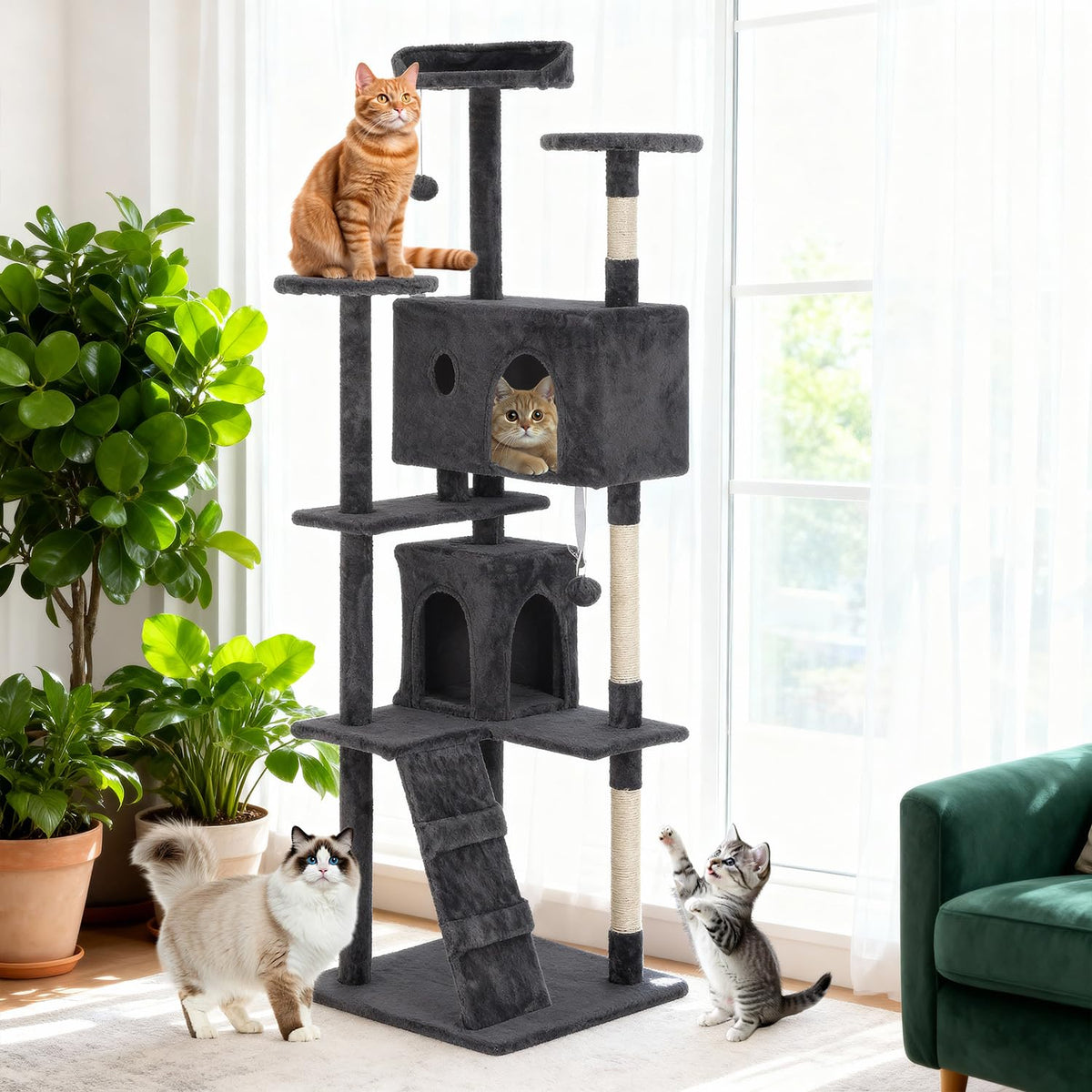 70 Inch Dark Gray Multi-Level Cat Tree with Condo A882