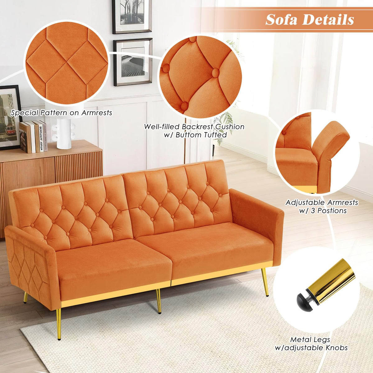 Velvet Sofa Set with Adjustable Armrests & Backrests H8674
