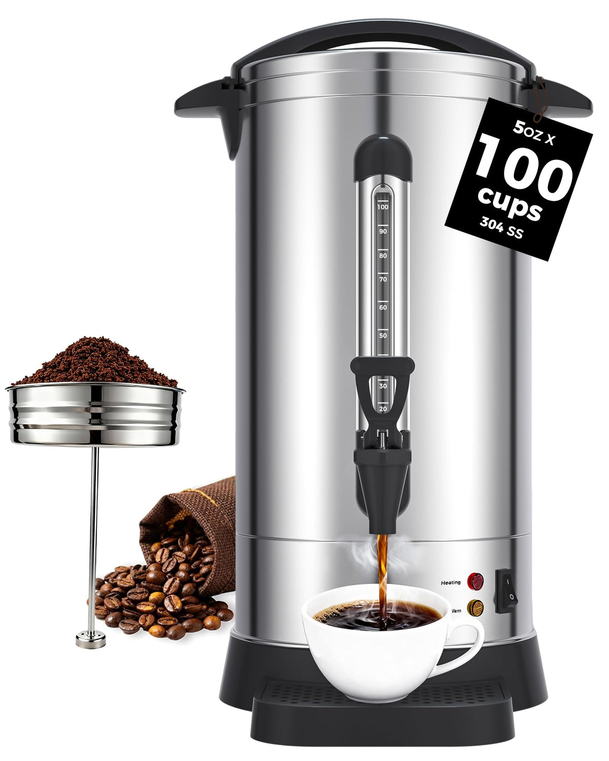 100-Cup Commercial Coffee Urn 15L Stainless Steel Percolator P4690