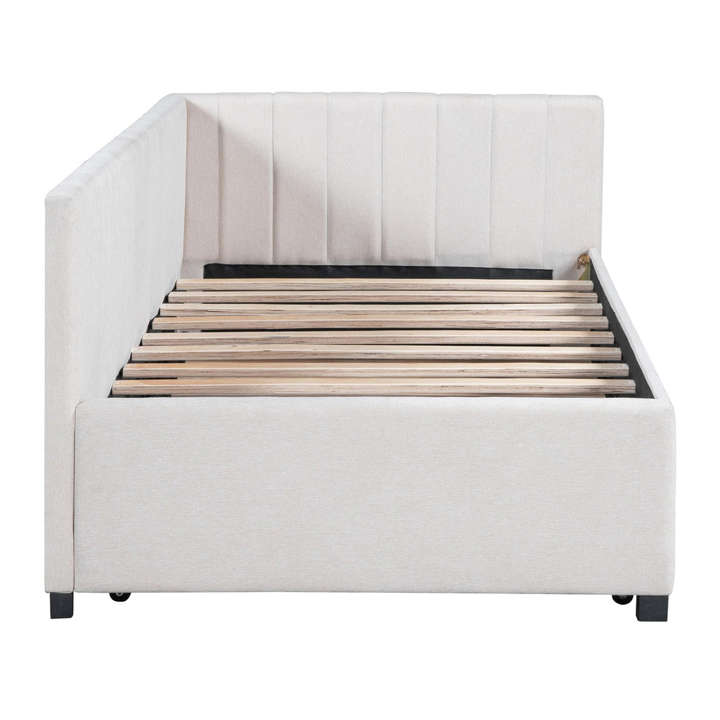 Beige Linen Twin Daybed with Pull-Out Trundle O3335
