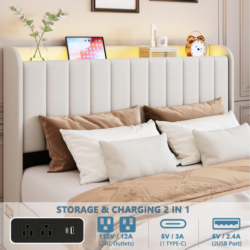 Beige Upholstered Full Size Bed Frame with 4 Drawers and Storage Headboard V286689