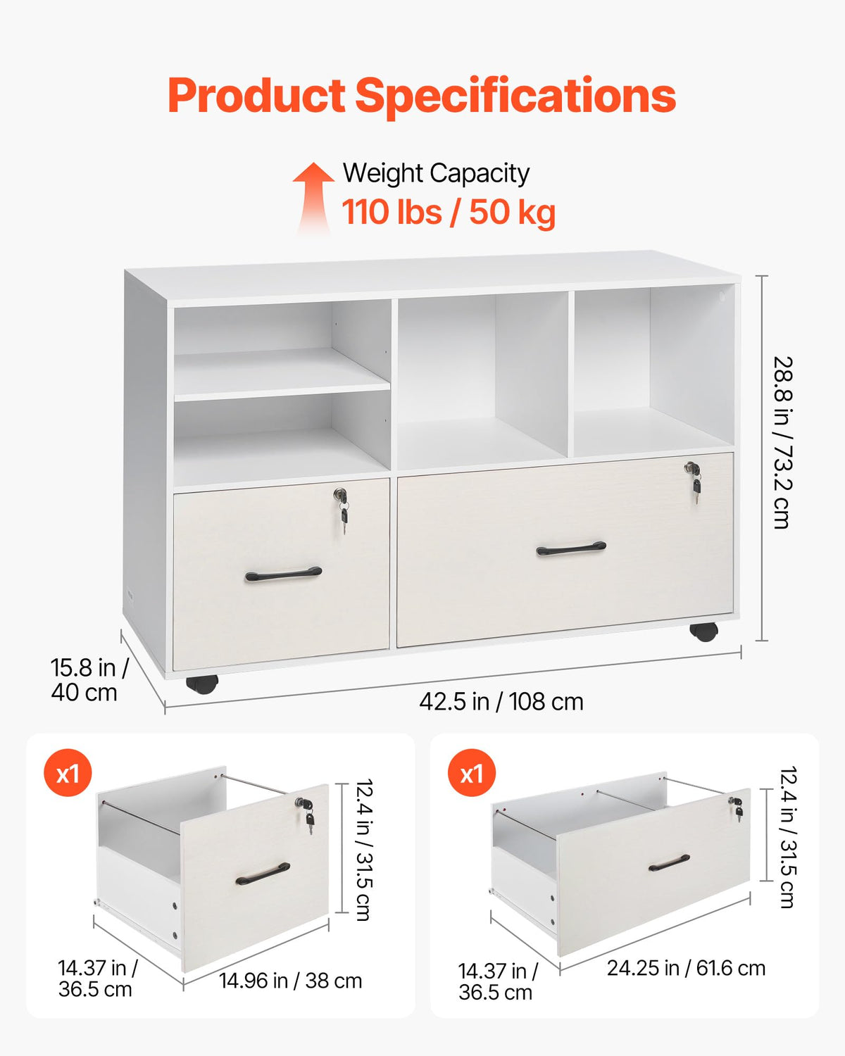 White 2 Drawer Wooden Lockable Mobile File Cabinet P84268
