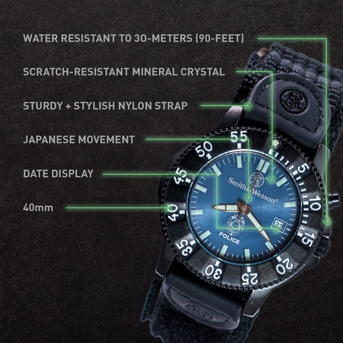 Blue Face 3ATM Water Resistant Quartz 40mm Tactical Watch U1069