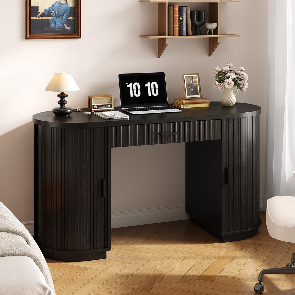 58" Fluted Executive Desk with Storage Drawer, Black E993570