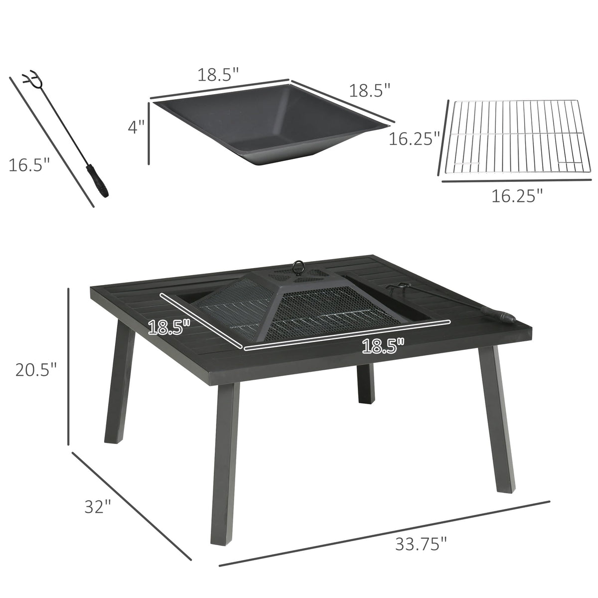 34" Black Metal Fire Pit with Grill H8419