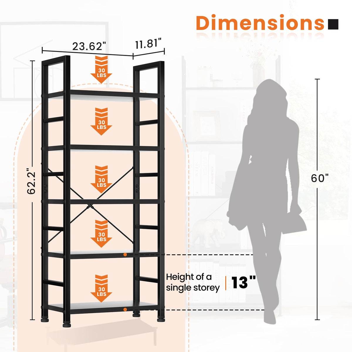 5 Tier Black Bookshelf L162